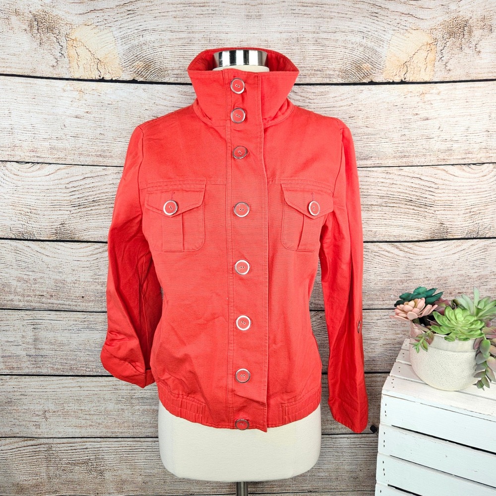 Chicos Womens Jacket Size 1 Medium Red Button Front‎ 2 Pocket High Collar Casual